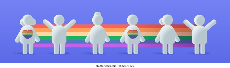 LGBTQ community pride celebration diverse people rainbow heart shapes colorful background flat design banner