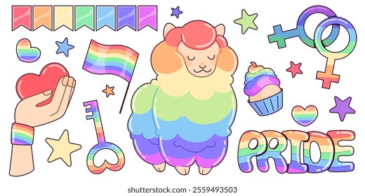 LGBTQ community pride icons set isolated on white background. Contemporary vector cartoon illustration of rainbow flag, hand holding red heart, color lama, gender symbols, star, key, muffin signs