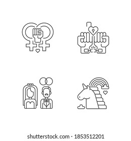 LGBTQ community pride linear icons set.Heterosexual wedding. Coming out of the closet. Lesbian love. Customizable thin line contour symbols. Isolated vector outline illustrations. Editable stroke