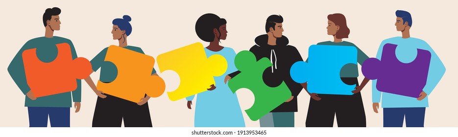 LGBTQ community, puzzle isolated. Flat vector stock illustration. Concept of LGBTQ people, gays, lesbians. asexuals. People connecting the puzzle. Illustrated with LGBTQ