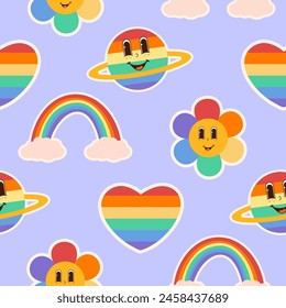 Lgbtq community seamless pattern. Groovy style print with rainbow, heart, flower and planet