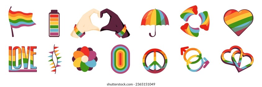 LGBTQ community symbols. Set of colorful LGBT parade symbols, groovy hands and flag icons, festival parade awareness slogan. Vector collection of community love and heart illustration