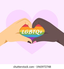 LGBTQ concept. Different skin colors making heart shape by hands.