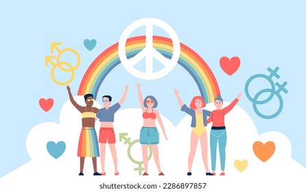 Lgbtq concept, gay rights and relationships queer people. Human rights, modern equal community. Peace icon, rainbow and recent vector characters