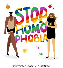 The  LGBTQ couple, african american man and woman near phrase, rainbow lettering STOP HOMOPHOBIA. The celebration pride day,  LGBT parade. The Illustration good for poster or UI UX design or stories.