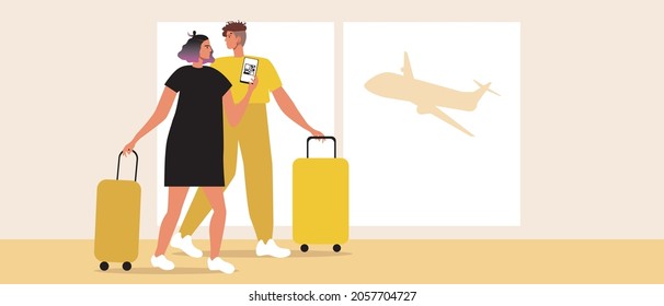 LGBTQ couple at the airport. Flat vector stock illustration. People are waiting for the flight. A couple of lesbians with luggage. LGBT family. Airport interior. Vector graphics