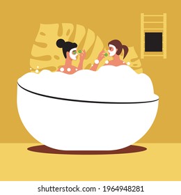 LGBTQ couple in the bath. Flat vector stock illustration. Woman with girlfriend in the bathroom. Foam bath. Spa treatments for a couple of lesbians. Vector graphics