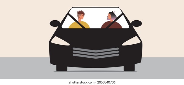 LGBTQ couple in the car. Flat vector stock illustration. LGBT couple's car, rental or sharing. A modern car. Woman driver. Lesbian women together in the car. LGBTQ family. Vector graphics