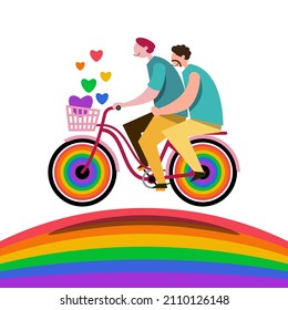 LGBTQ couple happily riding their bicycles as if they were on the Rainbow Bridge. Flat vector illustration design