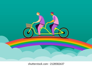 La pareja LGBTQ felizmente monta sus bicicletas como si estuvieran en el Puente Arcoiris. Diseño de ilustración de vector plano