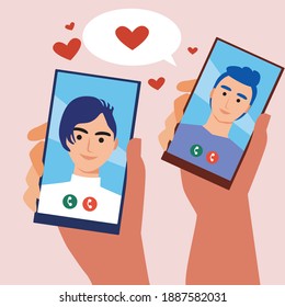 LGBTQ couple, internet romance. Flat vector stock illustration. Phone in hand. Gay love, relationships. Concept of online sign, internet applications for the phone. Gay couple internet flirting