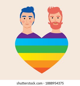 LGBTQ couple isolated. Flat vector stock illustration. Men are gay or homosexual. Cheerful illustration heart head. LGBTQ couple tenderness, romance. Gay with boyfriend isolated