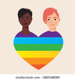 LGBTQ couple isolated. Flat vector stock illustration. Gender neutral, asexual, bisexual. Cheerful illustration heart head. LGBTQ couple lesbian, gay, bisexual. Illustration with romance