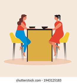 LGBTQ couple, leisure time together. Flat vector stock illustration. Lesbians, girlfriends or lgbtq women have dinner together. People are talking. Couple leisure concept. Vector graphics