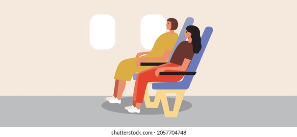 LGBTQ couple like passengers on a plane. Flat vector stock illustration. A couple of lesbians in an airplane seat. Flight concept, family travel. Passengers in the aircraft cabin. Vector graphics