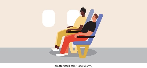 LGBTQ couple like passengers on a plane. Flat vector stock illustration. A couple of homosexuals in an airplane seat. Flight with passengers. Afro man with friend. Vector graphics