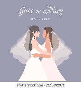 LGBTQ couple, long hair bride and curly hair bride in white  dress happily holding each other for their wedding ceremony invitation card vector characters on gray background