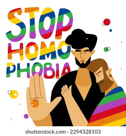 The  LGBTQ couple, man and phrase, rainbow lettering STOP HOMOPHOBIA. The celebration pride day, LGBT parade. The Illustration good for poster or UI UX design or stories.