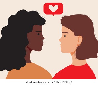 LGBTQ couple online isolated. Flat vector stock illustration. LGBTQ people are lesbians. The concept of online relationships, love, romance. Different ethnicity, Afro woman