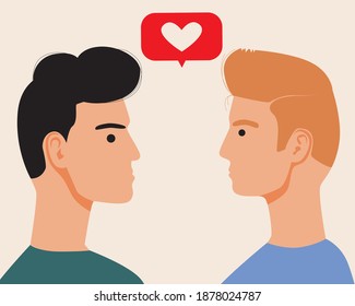 LGBTQ couple online isolated. Flat vector stock illustration. LGBTQ people are gay. Concept of online relationships, love, homosexuality, romance. Homosexuals and love message online