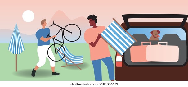 LGBTQ Couple Packing Their Vehicles With Supplies, Bags, Bike, Beach Chairs And Dog In Car, Flat Vector Stock Illustration With Road Trip