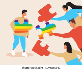 LGBTQ couple, partner choice. Flat vector stock illustration. Matching the puzzle. Search for a soul mate. Gay is looking for a couple. LGBT homosexual love. Vector graphics