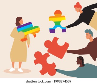 LGBTQ couple, partner choice. Flat vector stock illustration. Matching the puzzle. Search for a soul mate. The lesbian is looking for a couple. LGBT love. Vector graphics