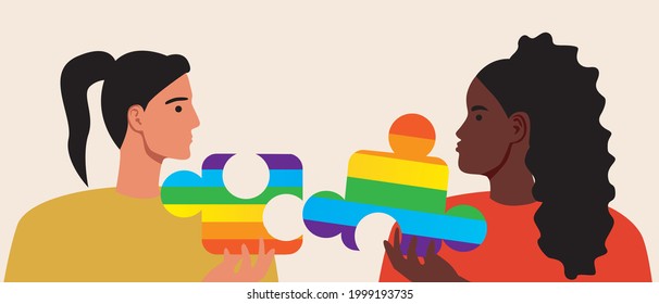 LGBTQ couple, puzzle piece. Flat vector stock illustration. Afro lesbian and multicultural couple. Rainbow puzzle. LGBTQ love and relationship concept. Vector graphics