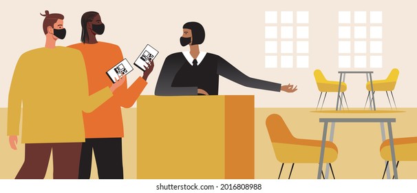 LGBTQ couple with QR code, restaurant reservations. Flat vector stock illustration. Food for the vaccinated. Gays in face masks. QR passport of health of homosexuals. Vector illustration