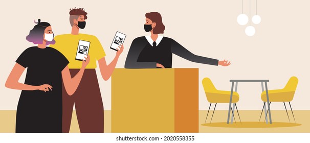 Pareja LGBTQ con código QR, reservas de restaurantes. Ilustración de material vectorial plano. Alimentos para los vacunados. La anfitriona mira el pasaporte QR de salud. Lesbiana vacunada