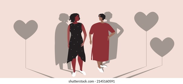 LGBTQ couple and shadow of heart as concept of love. Flat vector drain illumination. Women are Lesbian as couple together. Support Relationship or Concept