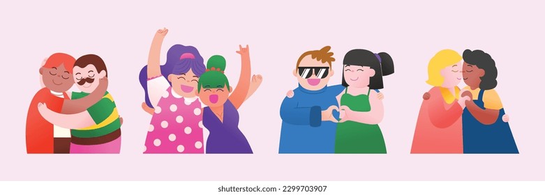 LGBTQ+  Couple Supporting, Stay Together, Pride Month Celebration, Vector Illustration