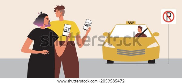 LGBTQ couple at taxi,\
taxi order. Flat vector stock illustration. Taxi driver. Lesbian\
women by the car. Date LGBT couple. Transportation service QR code.\
Vector graphics