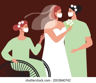 LGBTQ couple wedding, lockdown face mask. Flat vector stock illustration. Inclusive wedding guest. Disabled people and lesbians. Covid lockdown. Vector graphics