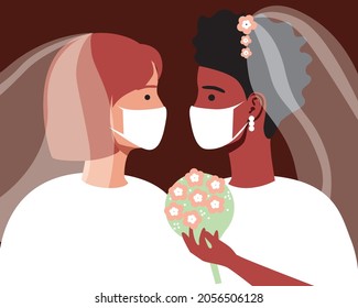 LGBTQ couple wedding, lockdown face mask. Flat vector stock illustration. Lesbian wedding ceremony. Adult women. Medical mask. Covid at the wedding. Vector graphics