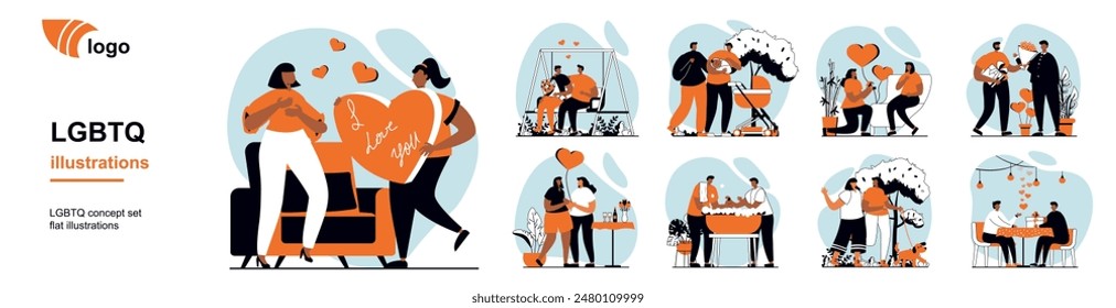 LGBTQ couples concept with people scenes mega set in flat web design. Bundle of character situation with lgbt partners on romantic date, propose, adopt and raise kids together. Vector illustrations.