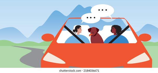 Lgbtq couples with dog or friends chatting in front seat in car on road trip, flat vector stock illustration