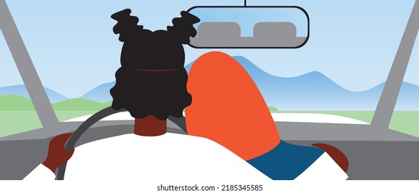 LGBTQ couples hugging in front seat in car on road trip, flat vector stock illustration