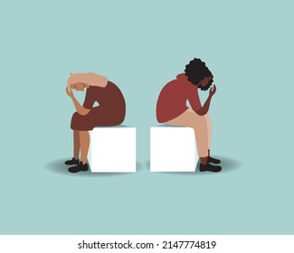 LGBTQ crisis of couple. Flat vector stock illustration. People sit with their backs. Divorce or breakup. Lesbians are unhappy