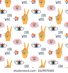 Patrón sin fisuras lindo LGBTQ con gesto de la mano de la paz, el ojo, el corazón, la flor y el texto de LOVE WINS. Amor y Orgullo alegre fondo de color arcoíris. Ilustración vectorial de diseño plano dibujado a mano.