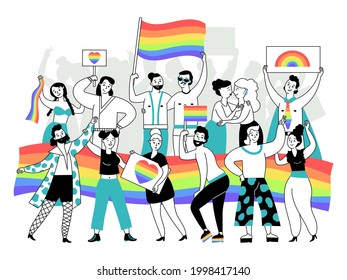 Manifestación en Lgbtq. Feliz persona LGBT, parejas transgénero y desfile gay. Mujeres lesbianas, bisexuales. Concepto de vector decente para la igualdad entre los géneros