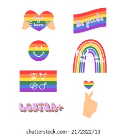 Lgbtq Diversity Rainbow Pride Concept Vector Isolated Collection. Pride Month. Rainbow Lgbt Flag Wave. Happy Pride Day Lgbtq Print. Love Is Love. Lgbtq Stickers