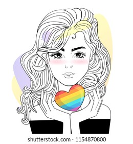 LGBTQ Fashion woman face. Sketch Vector. Cartoon. Isolated art on white background. 