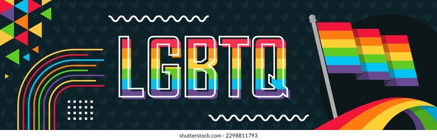 LGBTQ flag banner with modern retro abstract style background design. Rainbow flag colored LGBT rights awareness campaign. Pride day parade. Lesbians, gays, bisexuals, transgenders, queer love. Vector