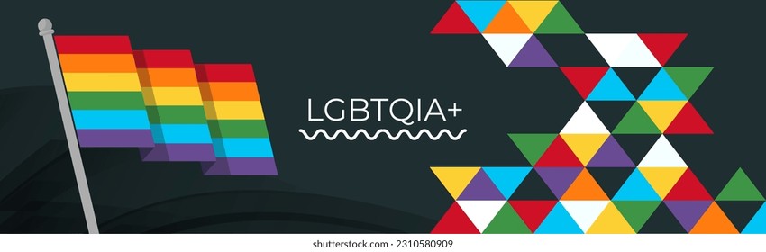 LGBTQ flag banner with modern triangles abstract background design. Rainbow flag colored LGBT rights awareness campaign. Pride day parade. Lesbians, gays, bisexuals, transgenders, queer love. Vector