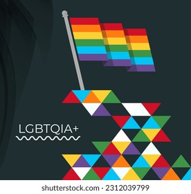 LGBTQ flag banner with modern triangles abstract background design. Rainbow flag colored LGBT rights awareness campaign. Pride day parade. Lesbians, gays, bisexuals, transgenders, queer love. Vector