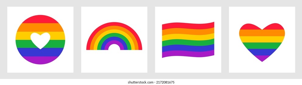 LGBTQ+ flag. Pride day vector icon. Rainbow love concept. Human rights and tolerance. LGBT gay and lesbian pride symbols, star, heart. Icon template. Vector illustration isolated on white background.