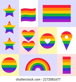 LGBT-Flagge. Hochzeitstag, Vektorsymbol. Rainbow-Liebeskonzept. Menschenrechte und Toleranz. Homosexuelle und lesbische Stolz-Symbole, Stern, Herz. Symbolvorlage. Vektorgrafik einzeln auf weißem Hintergrund.