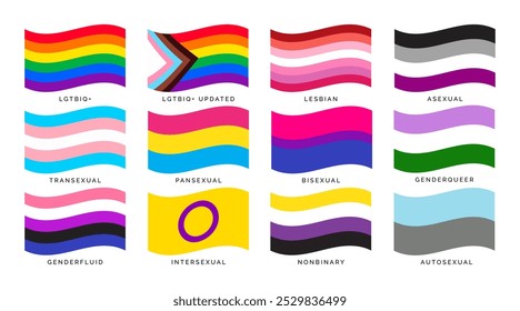 LGBTQ flags flat vector set. Collection of LGBTQ pride flags in flat style