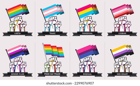 LGBTQ flags set with modern abstract style design. Rainbow flag colored LGBT rights campaign. Pride day parade. Lesbians, gays, bisexuals, transgenders, queer, pansexual love. Vector Flags Collection.